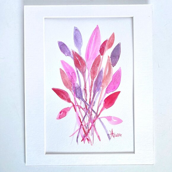 Funky Leaves Flamingo Original Watercolor Wall Art Painting 8x10in Matted Frame - Picture 4 of 6